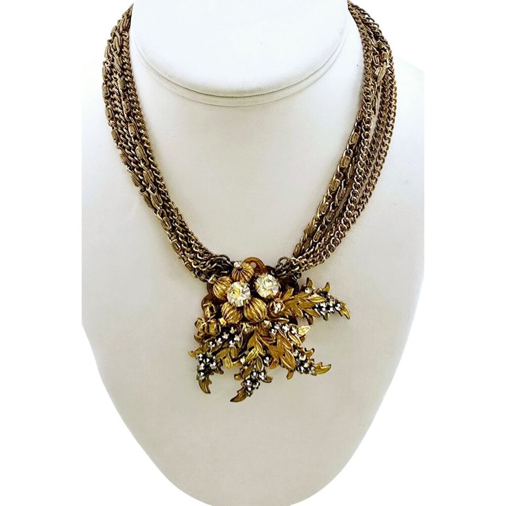 Unsigned Attributed To Haskell Russian Gilt Gold Leaves And Rhinestone Necklace